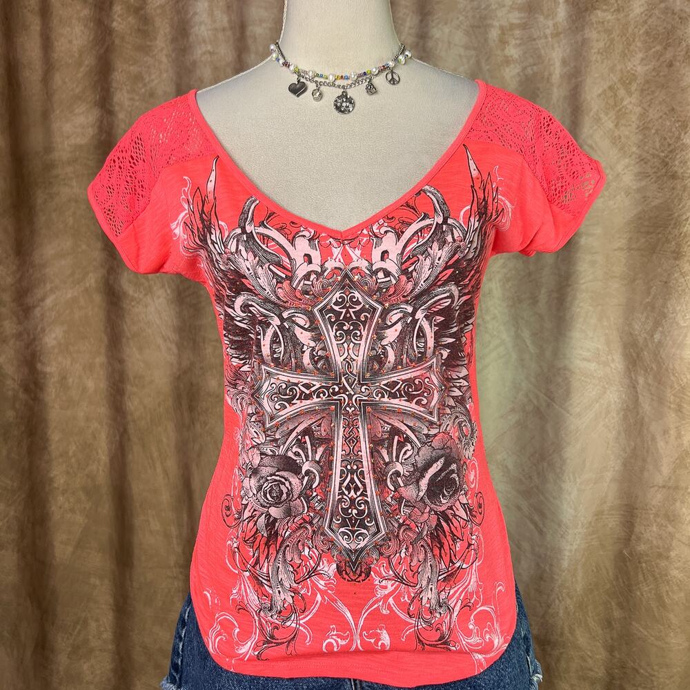 Y2K Mall Goth Top Rocaille Cross Shirt Neon Pink Glitter Lace Indie Sleaze